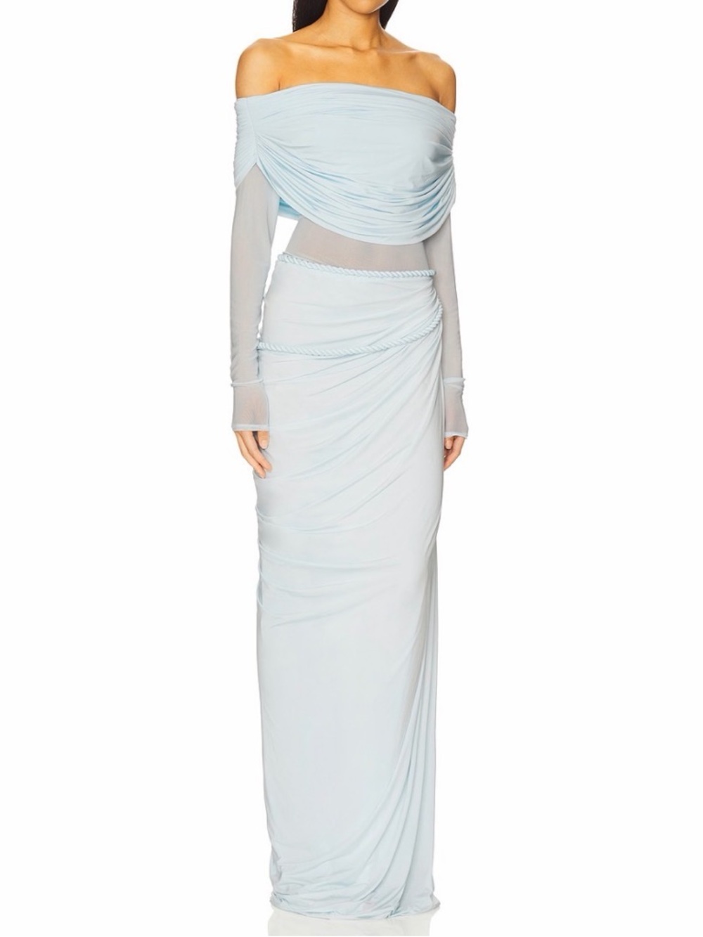 Off-Shoulder Light Blue Draped Maxi Dress